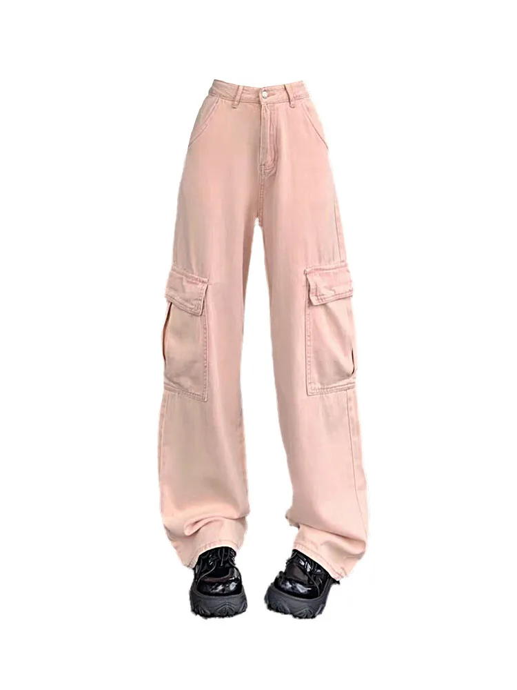 Korean Style Gyaru New Pink Design Jeans Women Fashion Pockets Slim Wide Leg Pants Autumn 2024 Streetwear Loose Denim Trousers