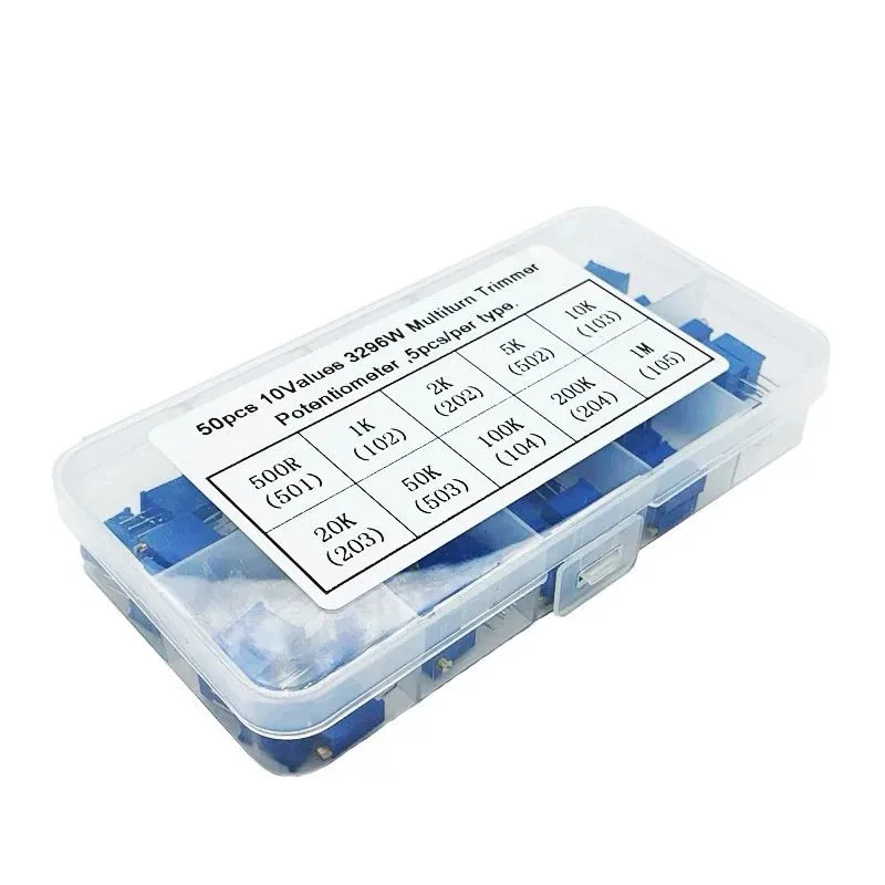 Kit de potenciómetro recortador multivuelta de 3296W, 50 unids/lote, resistencia Variable 3296 de alta precisión con caja gratis, kit electrónico diy