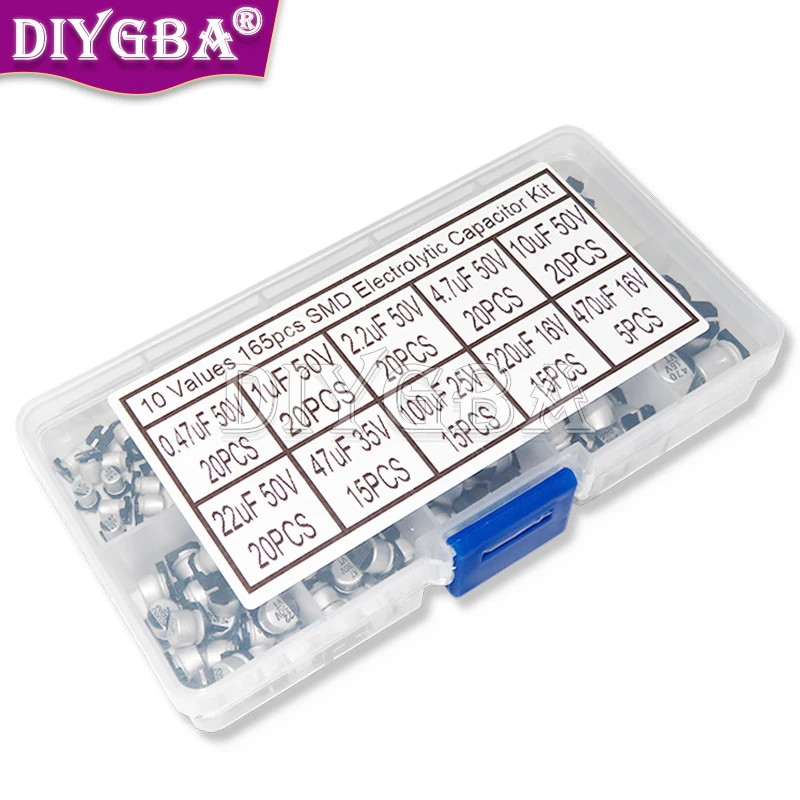 

10Values 165PCS/LOT SMD Aluminum Electrolytic Capacitor Assorted Kit Set Samples Kit 0.47uF 1uF 2.2uF 4.7uF 10uF 22uF 47uF 100uF