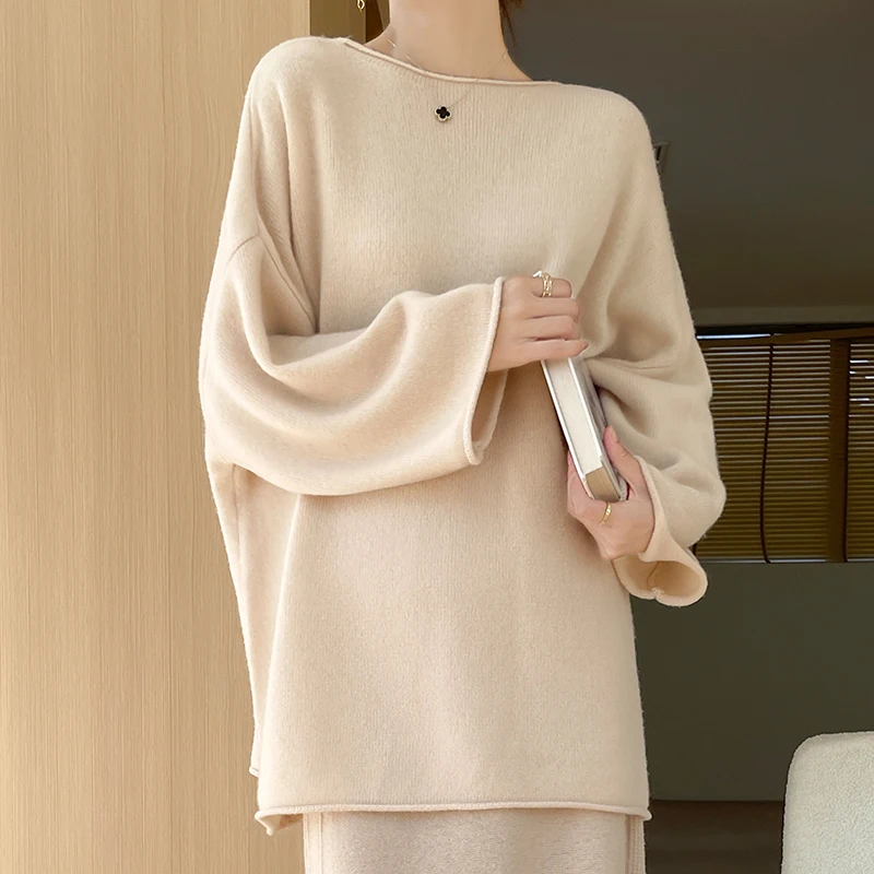 Women's pullover autumn/winter 100% wool sweater casual knitted sweater round neck loose Tops Korean version basic long Blouse