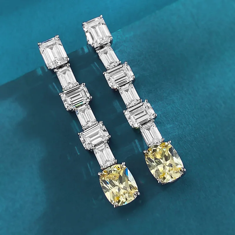 New S925 Silver Fashion European and American 8 * 10mm High Carbon Diamond Yellow Diamond Trapezoidal Cutting Earrings for Women