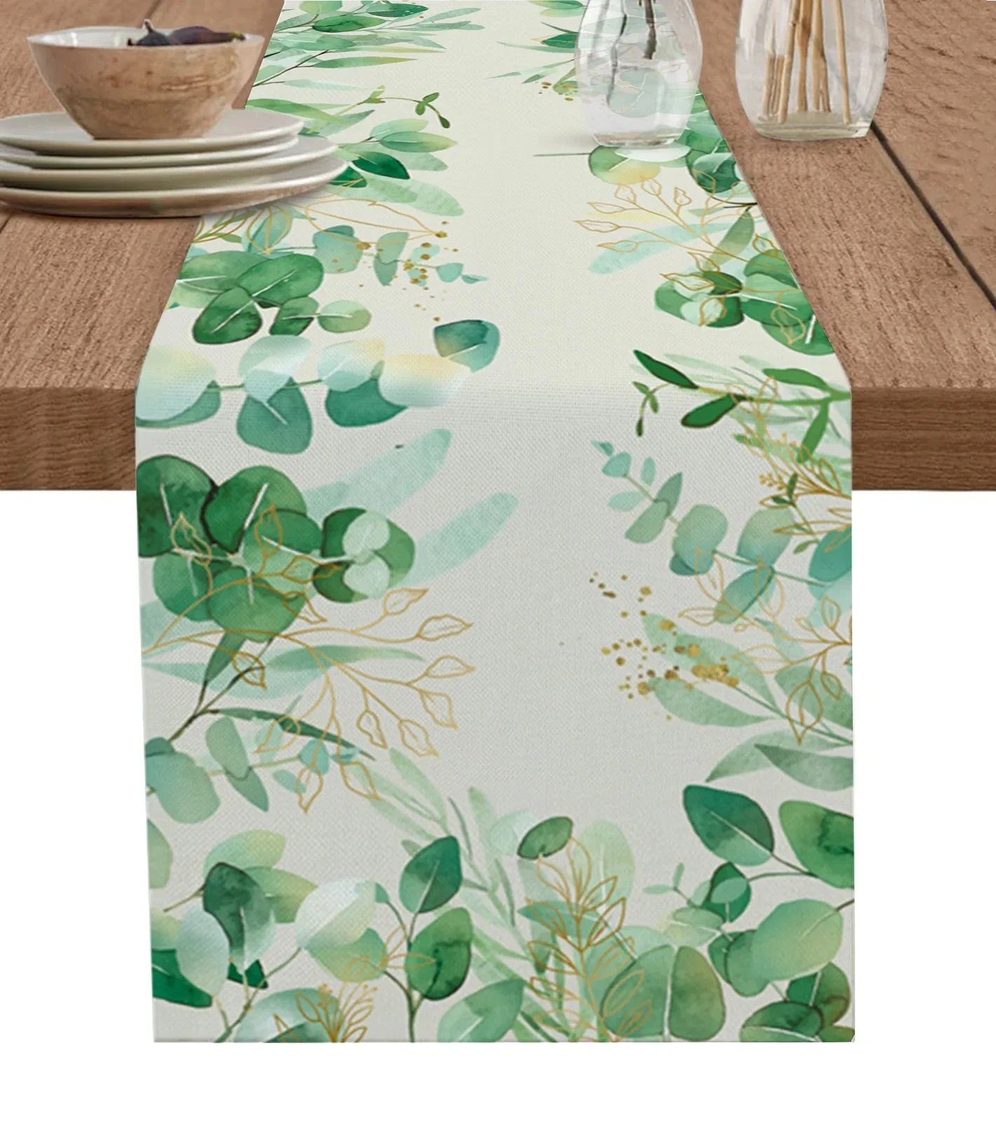 Watercolor Green Leaves Plant Linen Table Runners Summer Dresser Scarf Table Decor Holiday Wedding Party Home Dining Table Decor