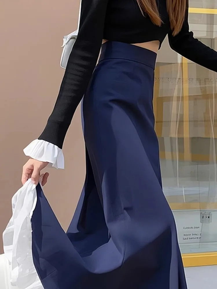 Summer High Waist Lace Splice Long A-Line Skirt Women's Slimming Flattering Fi Tail Skirt Korean Sle f Body Skirt