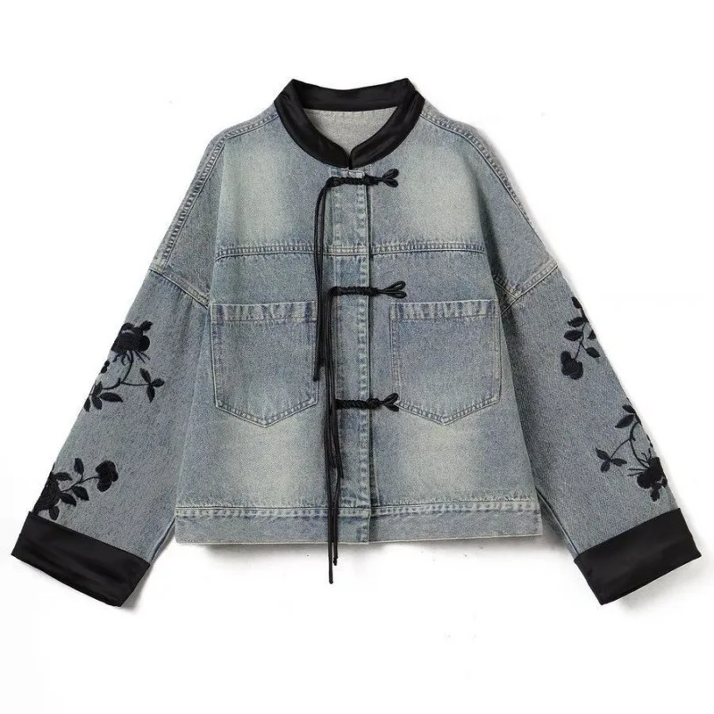 Spring Autumn New Women's Denim Jacket Embroidery Fashion Joker Denim Coat Coil Buckle Outerwears Jacket Abrigos De Mujer