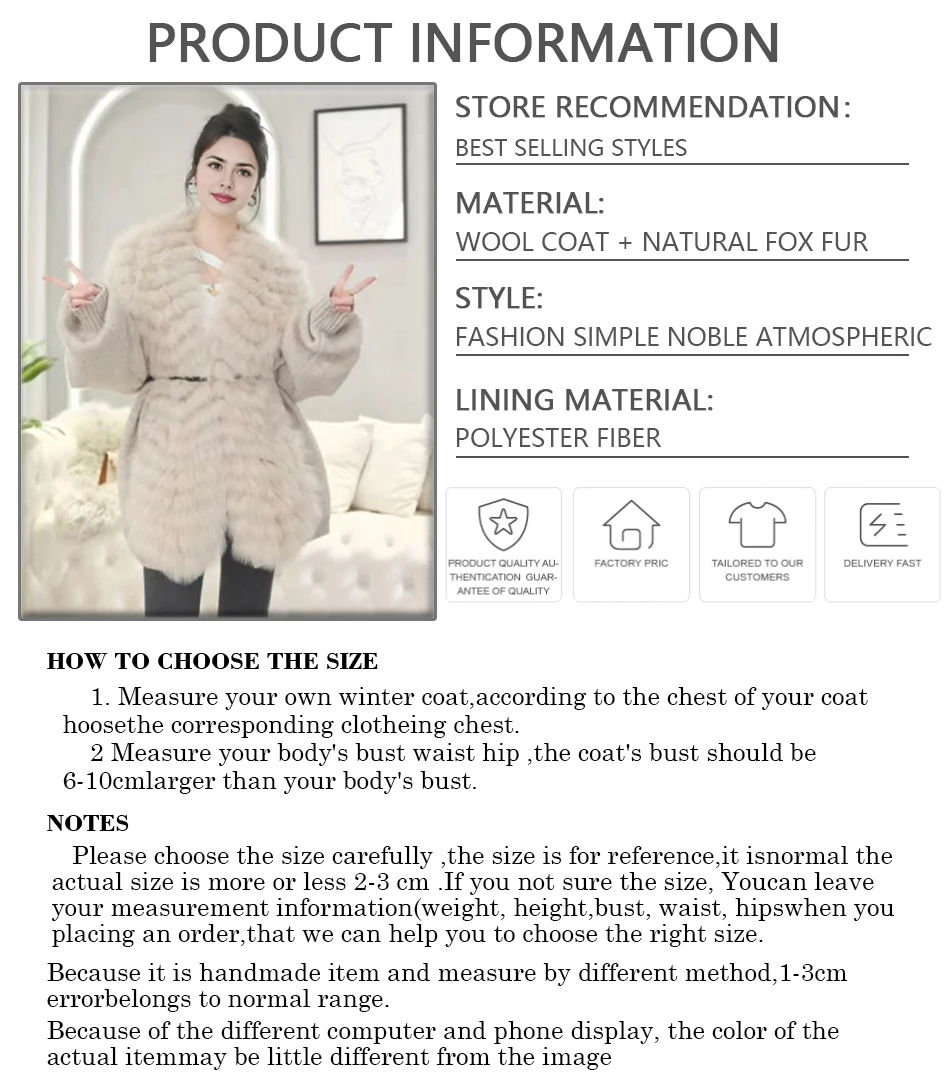Damesjas Nieuwe kasjmier jas Wolmengsels Echt vossenbont Afwerking Luxe nieuwkomers Winterwarme jas Wollen bontjas