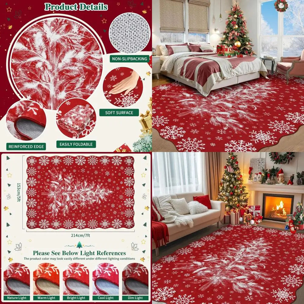 

Red 5x7 Christmas Rug: Washable, Decorative, Non-Slip, Soft, Low Pile for Living Room, Bedroom, and Holiday Decor