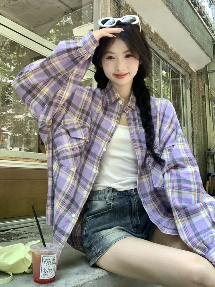 Klasyczne Retro fioletowe koszule w kratę damskie Oversize z długim rękawem koreańska bluzka Casual Vintage damska odzież uliczna luźne topy Camisas