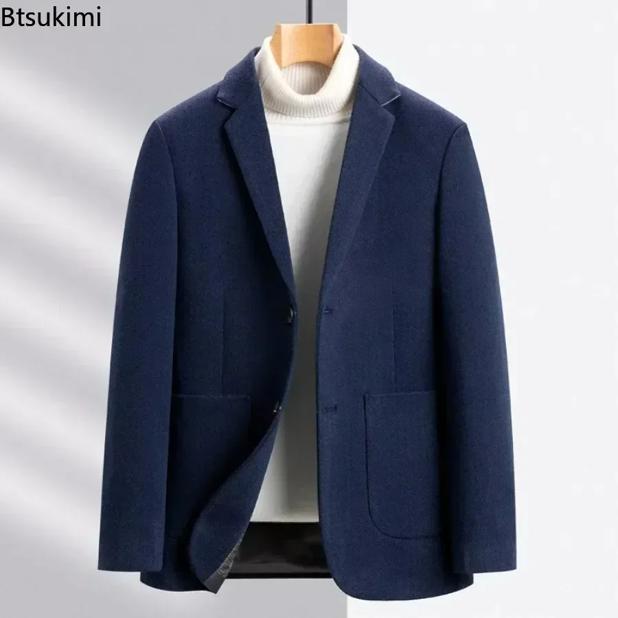 New 2024 Men\'s Woolen Suit Jacket Top Luxury Autumn Winter Men Casual Business Wool Single Breasted Blazer Overcoats Men Blazer