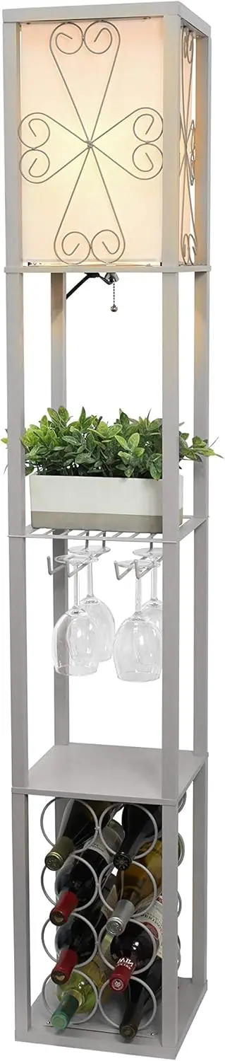 LF1015-GRY-LB Rak Etagere 3 Tingkat dengan Rak Anggur & Lampu Lantai, Abu-abu, Kap Lampu Linen Putih, Termasuk Bohlam LED Feit