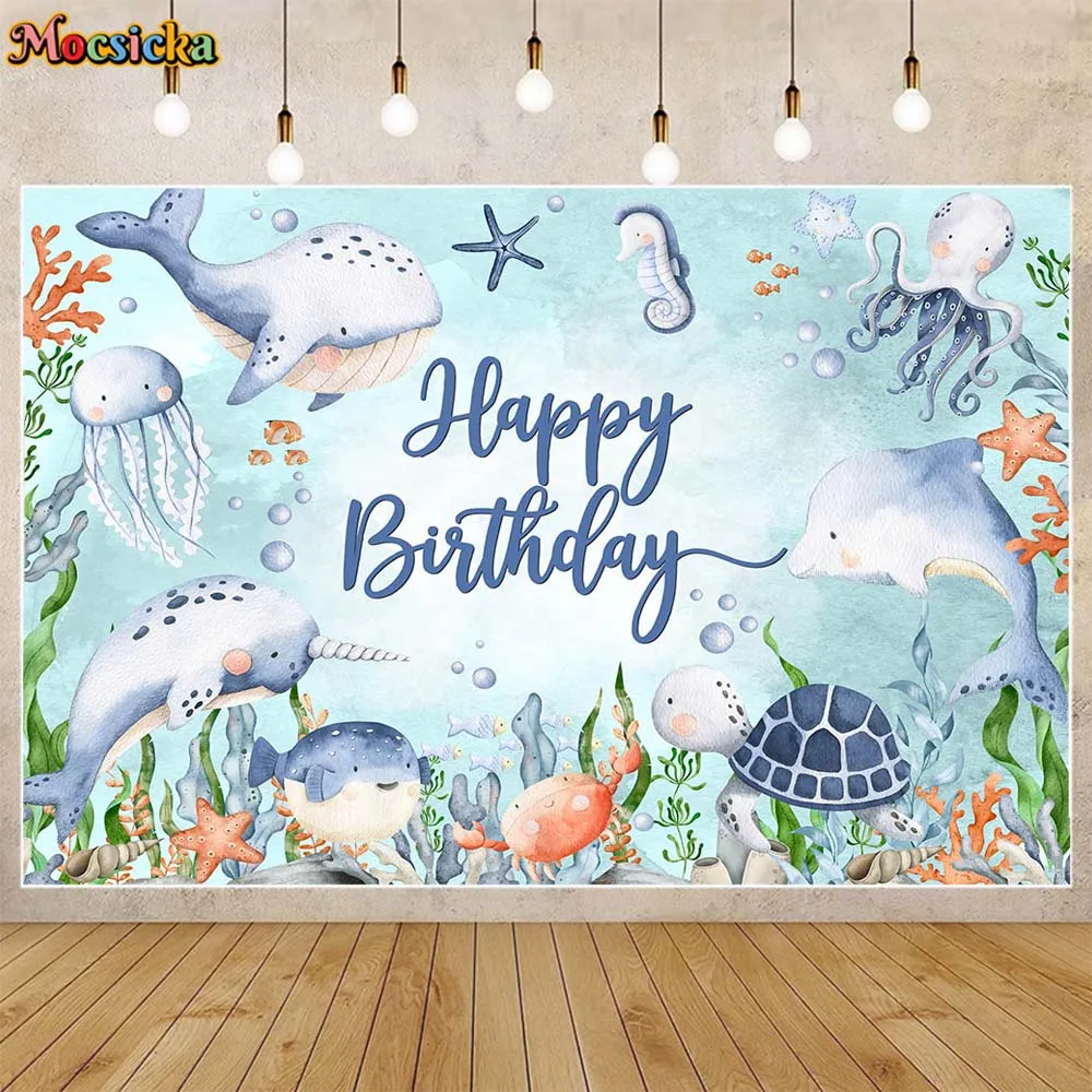 

Mocsicka Baby Birthday Background Under the Sea Life Dolphin Seaweed Boys Birthday Party Decor Backdrop Photography Props Custom