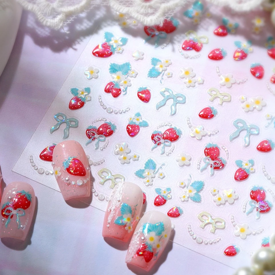 

Lovely Strawberry Flower Green Bowknot Pearl Necklace Leaves Fruit Chic Self Adhesive Nail Art Decoration Sticker Manicure Decal