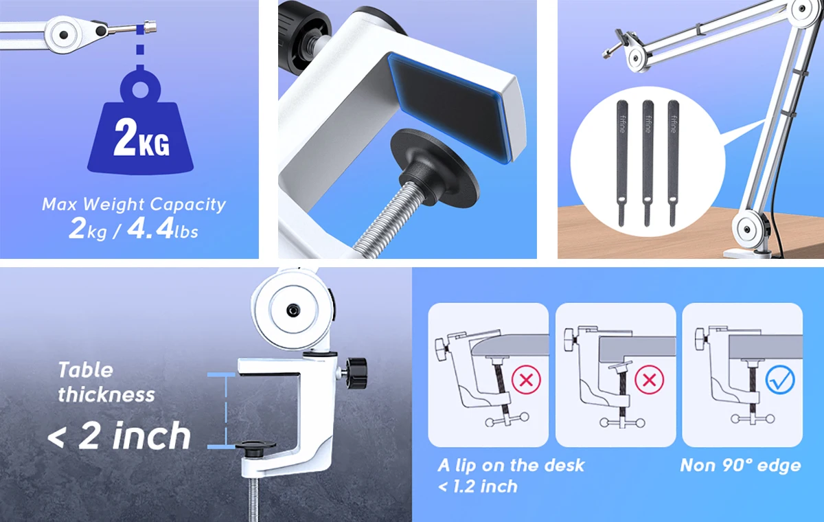Fifine Mikrofon arm ausleger, verstellbarer schwerer Aufhängung ausleger mit Schreibtisch klemme für k658/a2/Gaming,Streaming,Podcasting-BM63W-White – Detail 3