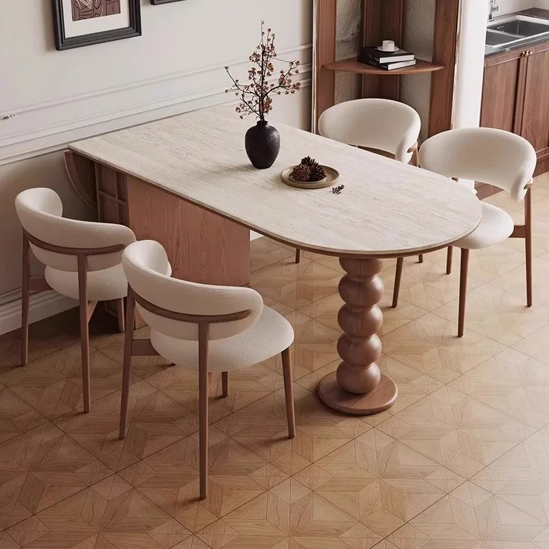 

Medieval solid wood travertine rock slab dining table French retro household oval small apartment wall foldable diningtable