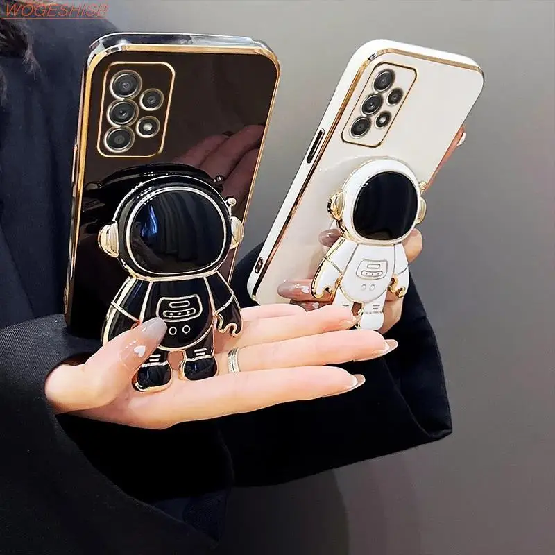 Square Electroplate Case For Samsung Galaxy S24 S23 S22 Ultra S21 Plus S20 FE S10 S9 S8 Astronaut Ring Phone Holder Fundas Cover