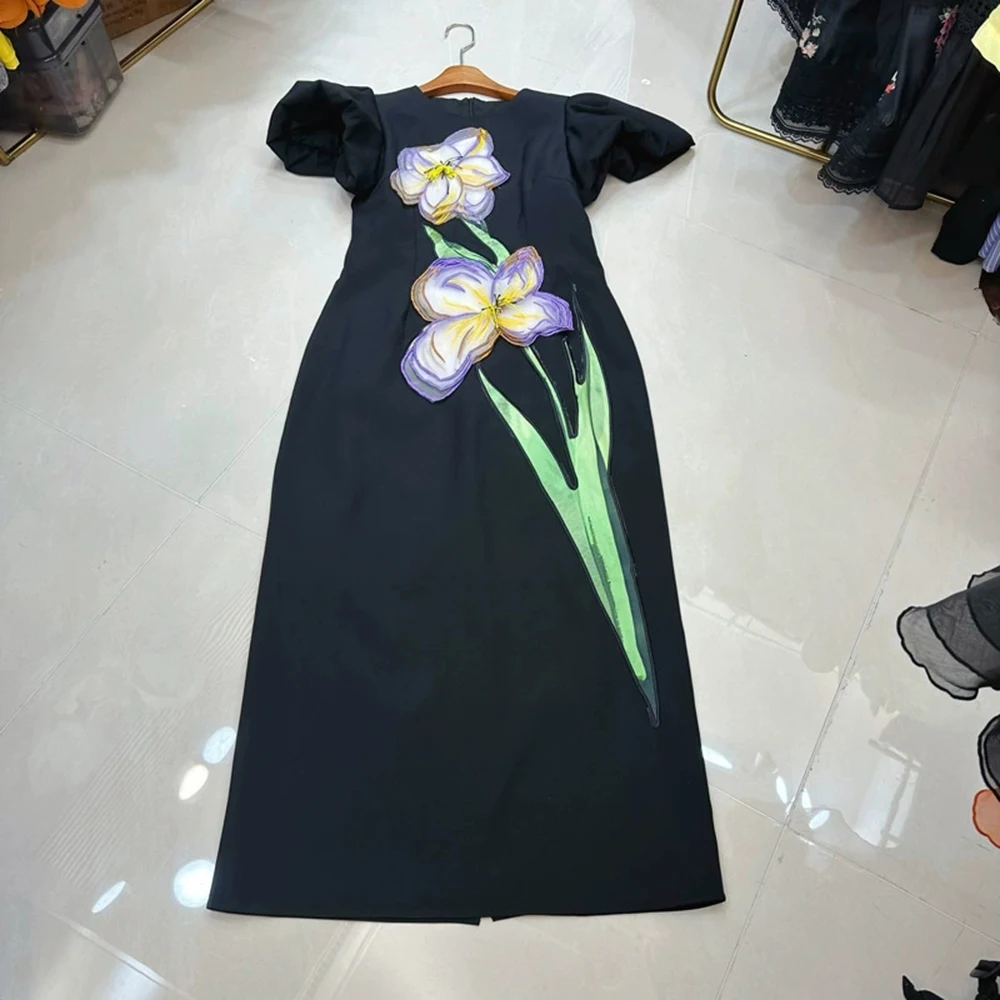 

Summer round neck black letter hip long skirt retro design three-dimensional flower puff sleeve dress-GZXX307