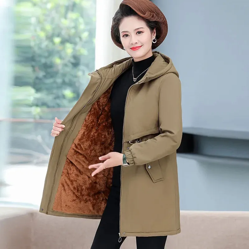 Women Coat Parkas Winter Jacket Fleece Cotton Clothes Oversize Thicke Plush Casual Hooded Mid Long Outerwear Female Windbreakers