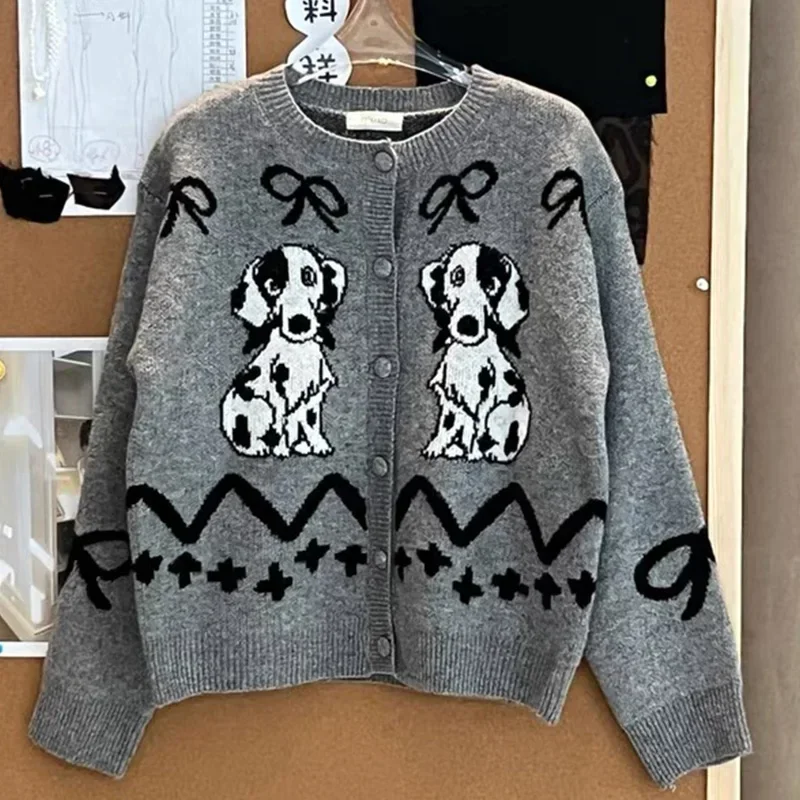 Korean Chic Bow Spotted Dog Cardigan Women Sweater Jacket Autumn Winter Long Sleeve Black Knitted Sweaters for Women Y2k Tops