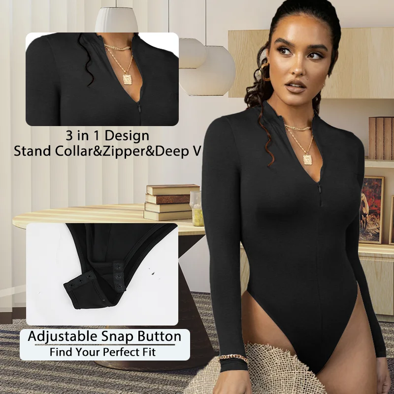 Women Mock Neck Thermal Underwear Compression Long Sleeve Shapewear Sexy Deep V Shaper Slimming Zipper Jumpsuit Warmth Basic