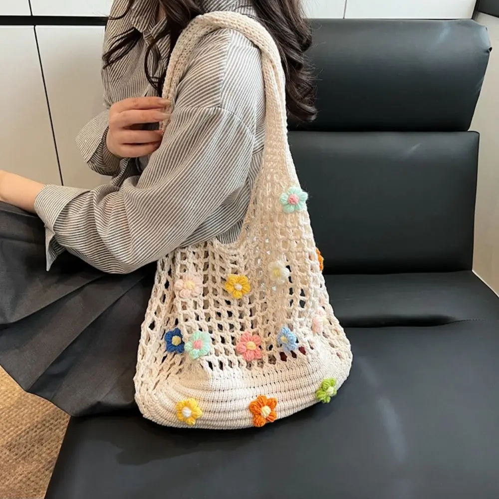 

Hollow Out Flower Thread Woven Bag Tote Bag Bohemian Style Beach Bag Beach Handbag Large Capacity Hollow Shoulder Bag Travel