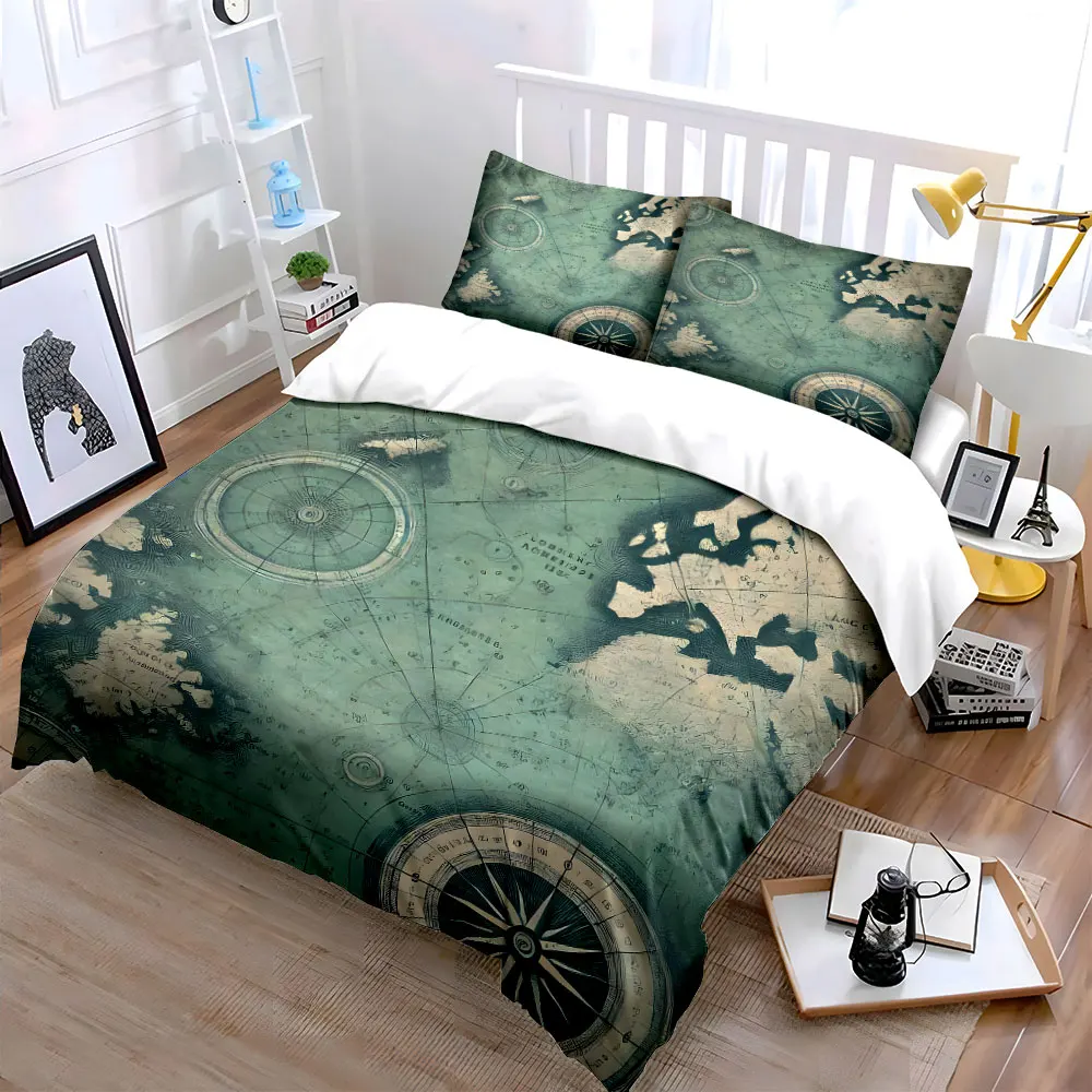 Vintage nautical map with compass Print Soft Comfortable Duvet Cover Bedding Set Included 1*Duvet Cover 2*Pillowcases