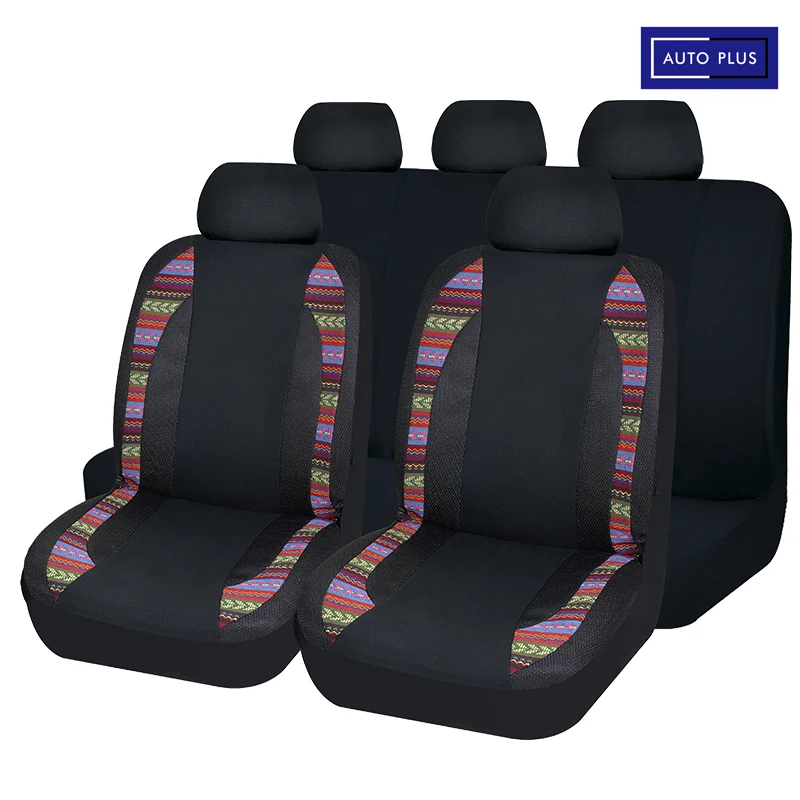 AUTO PLUS Universal Breathable Mesh And Colorful Linen Stitched Polyester Fabric Car Seat Covers Set Seat Cushion Protector