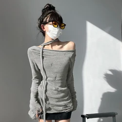 Knitted Sweater Women Ripped Hollow Out Long Sleeve Tops Sexy Solid Pullover