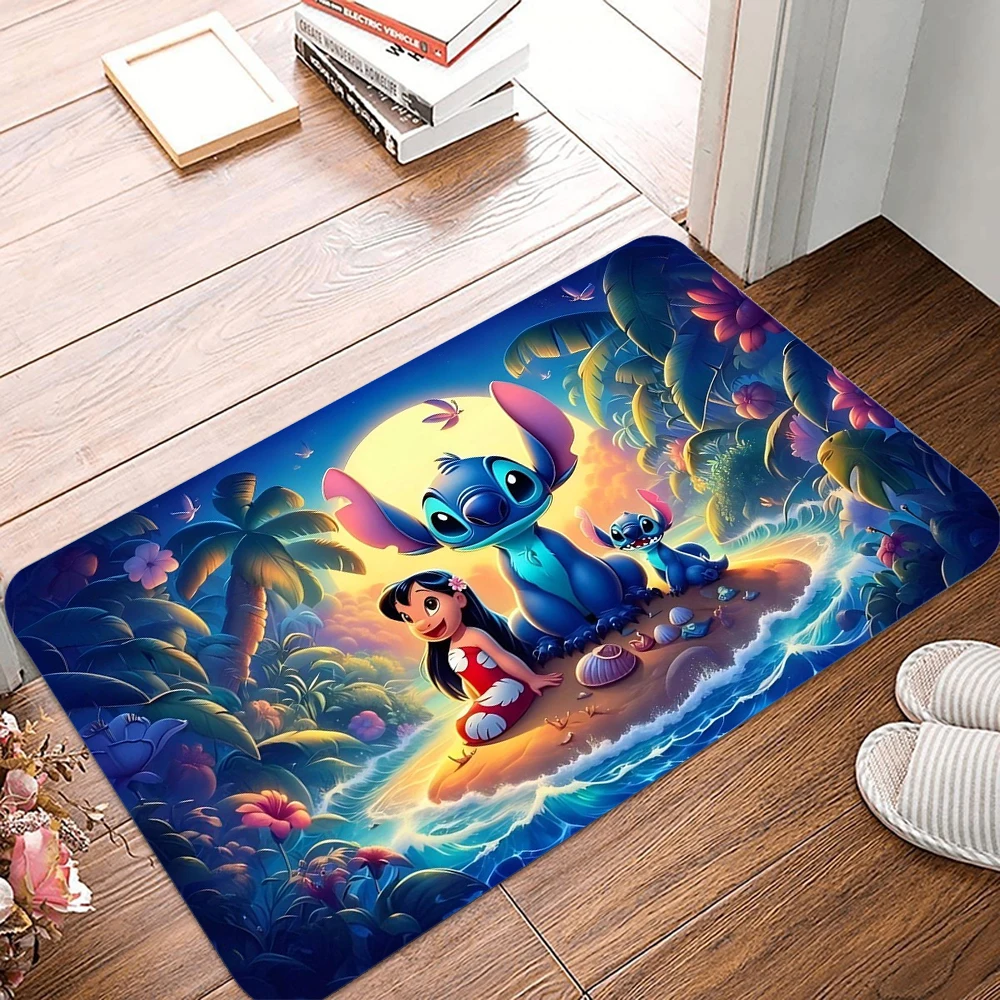 Alfombra de puerta con estampado de Lilo y Stitch de Disney, alfombra tropical para playa con puesta de sol, con escena vibrante de la selva, flores y océano, alfombra decorativa para el hogar
