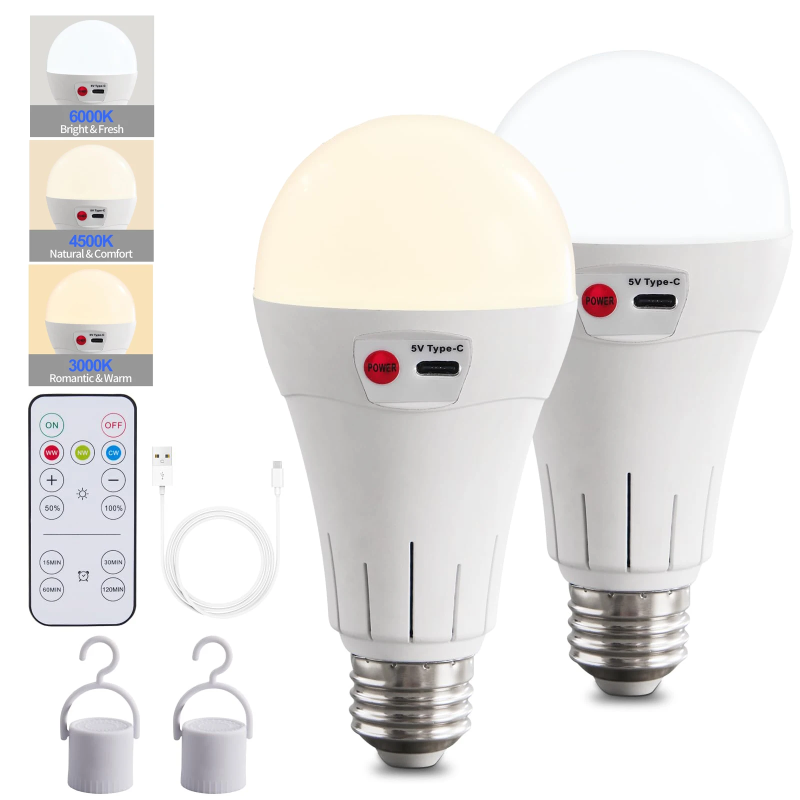 

Перезаряжаемая светодиодная лампа E27 с пультом дистанционного управления, 1200 лм, 3 цвета, регулировка яркости, таймер, беспроводная связь для непроводных ламп, светильник на батарейках