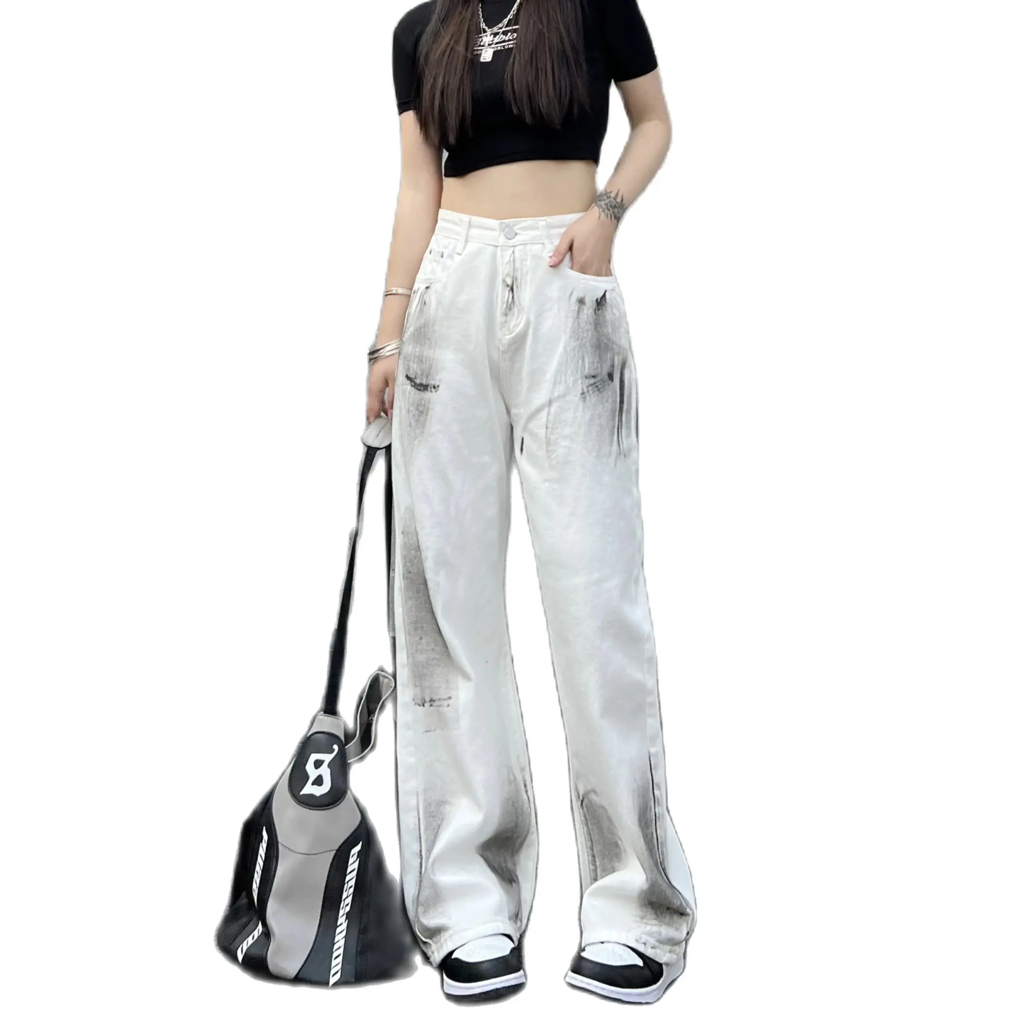 

Women White Baggy Y2k Jeans 90s Vintage Aesthetic Cowboy Pants Harajuku Denim Trousers Japanese 2000s Style Trashy Clothes 2024