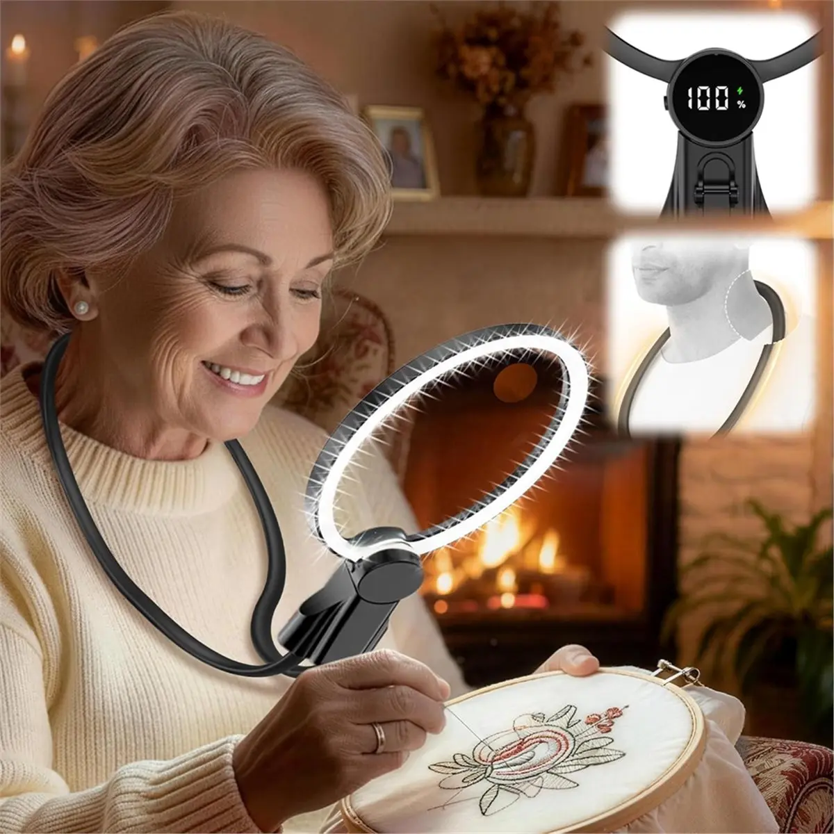 Hands Free Magnifying Glass with Light, 2500mAh Flat Strap Neck Magnifier with LED Display & 3 Color Light