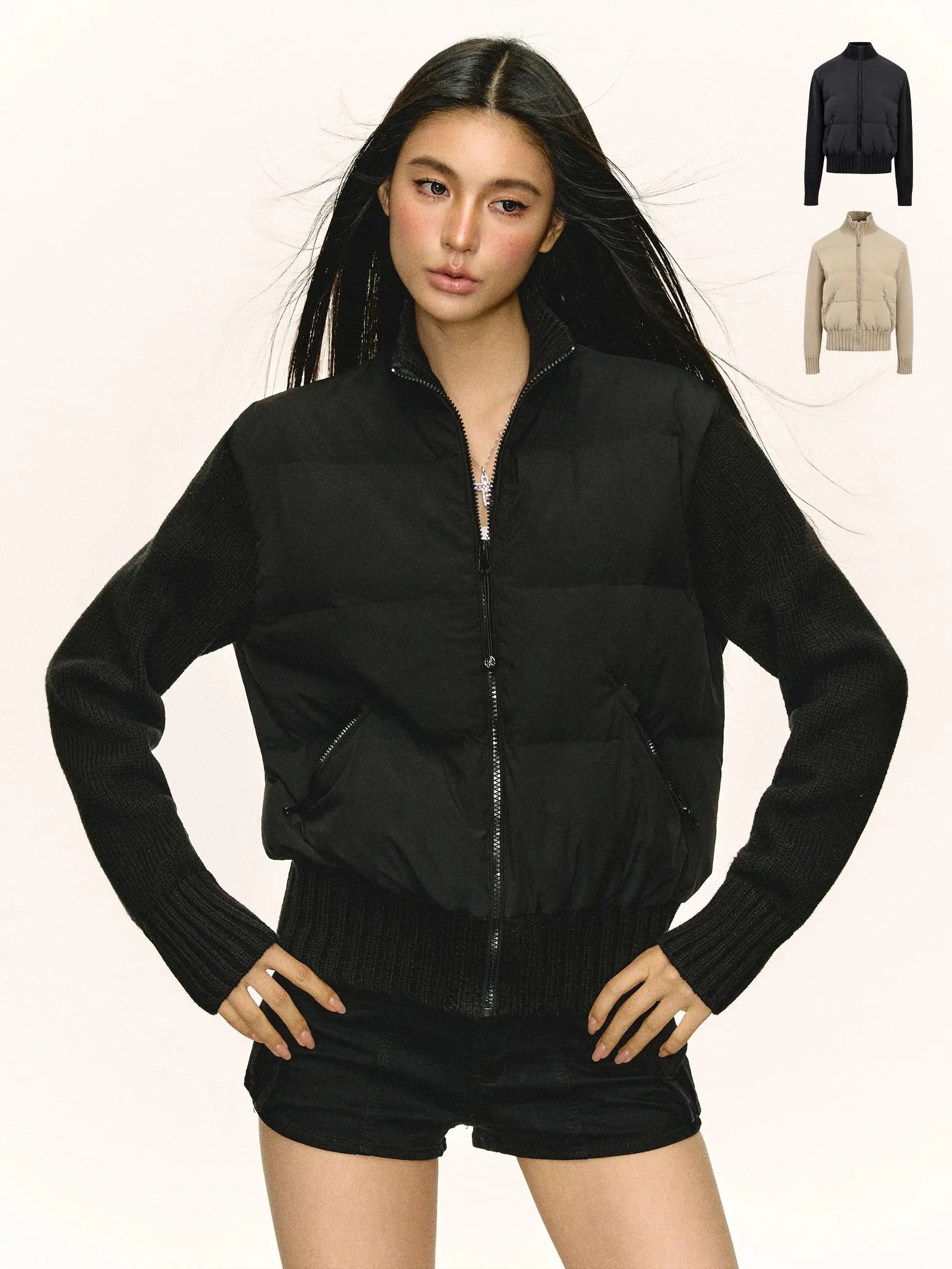 

Ariseism American Sle Lightweight Knitted Stand Collar Fem Jaet Durable Patchwork Design Comfortable Fit Winter Coat