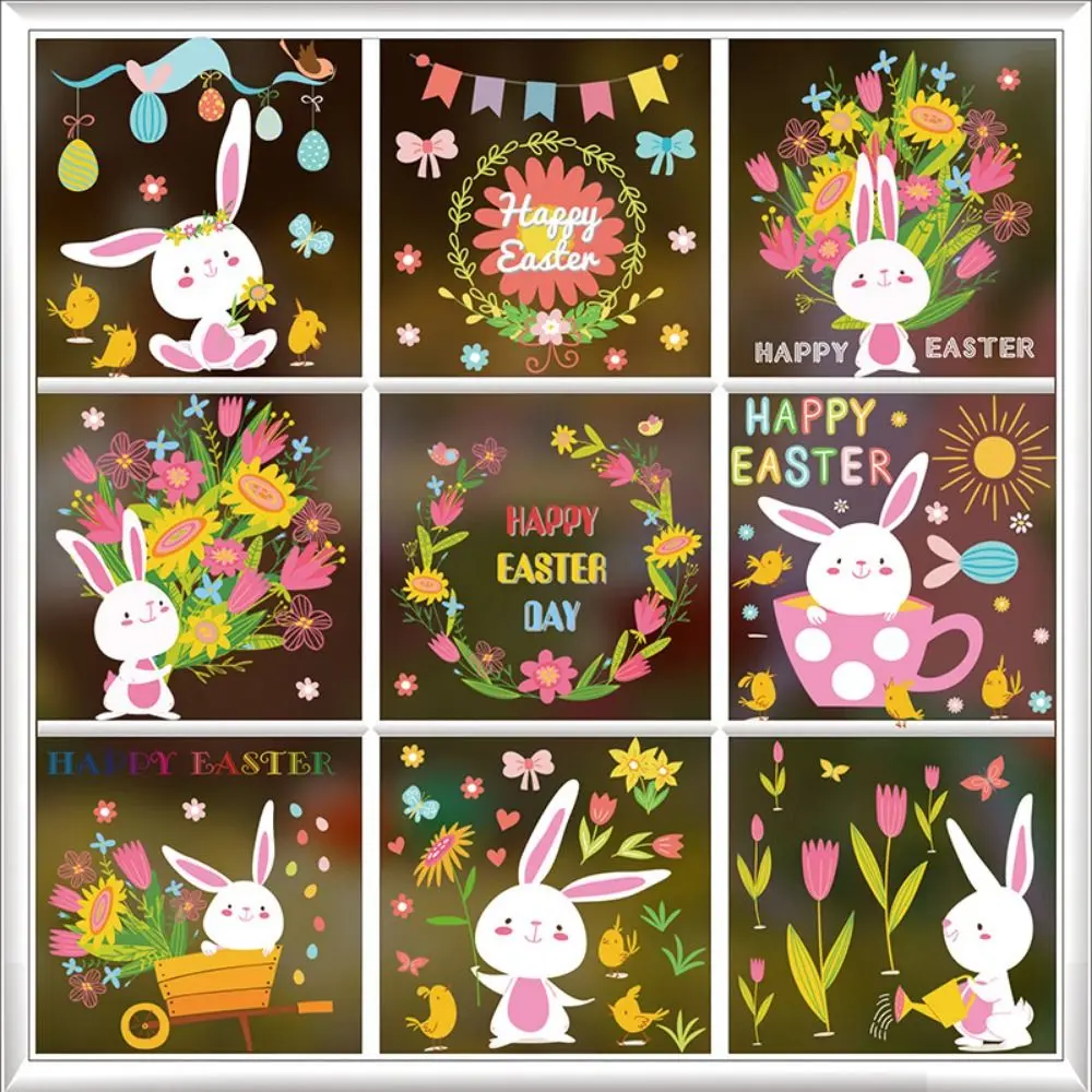 9pcs/1 set Bunny Happy Easter Window Stickers Flowers Egg Rabbit Electrostatic Glass Sticker Cute Rabbit