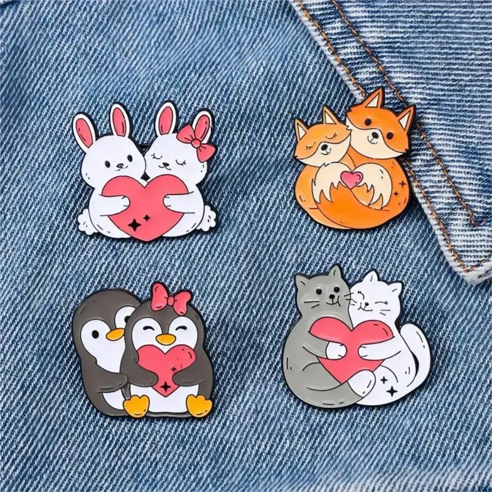 Cute Cartoon Animal Heart Lovers Enamel Brooch Penguin Cat Rabbit Fox Lapel Pin Badge for Backpack Clothing Hat Accessories