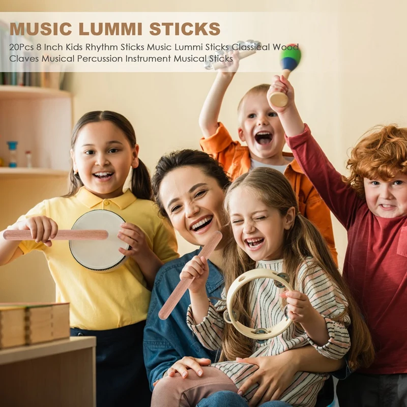 20Pieces 8 Inch Kids Rhythm Sticks Music Lummi Sticks Classical Wood Claves Musical Percussion Instrument Musical Sticks Promoti