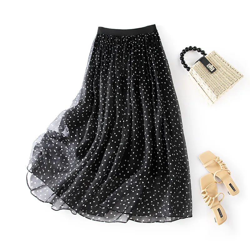 

Women 100%Real Silk Elegant Skirts, Elastic Waist Dot Print, French Retro Party A-line Skirt, 2025 Summer