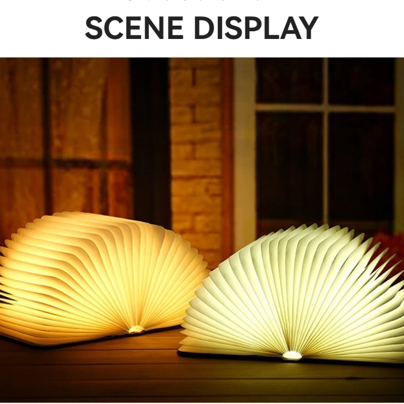 Lámpara de libro de madera: luz nocturna plegable LED de 3 colores con páginas talladas y modo de cuidado de los ojos