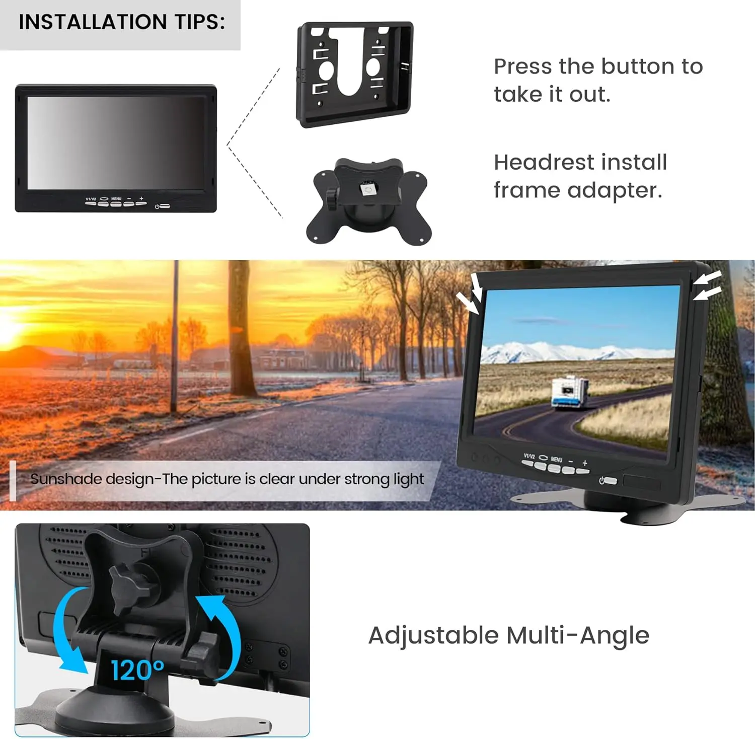 7-calowy monitor samochodowy TFT LCD z funkcją dzielenia ekranu, wejściem wideo 4-pinowym, powłoką antyodblaskową i pilotem do kamery cofania