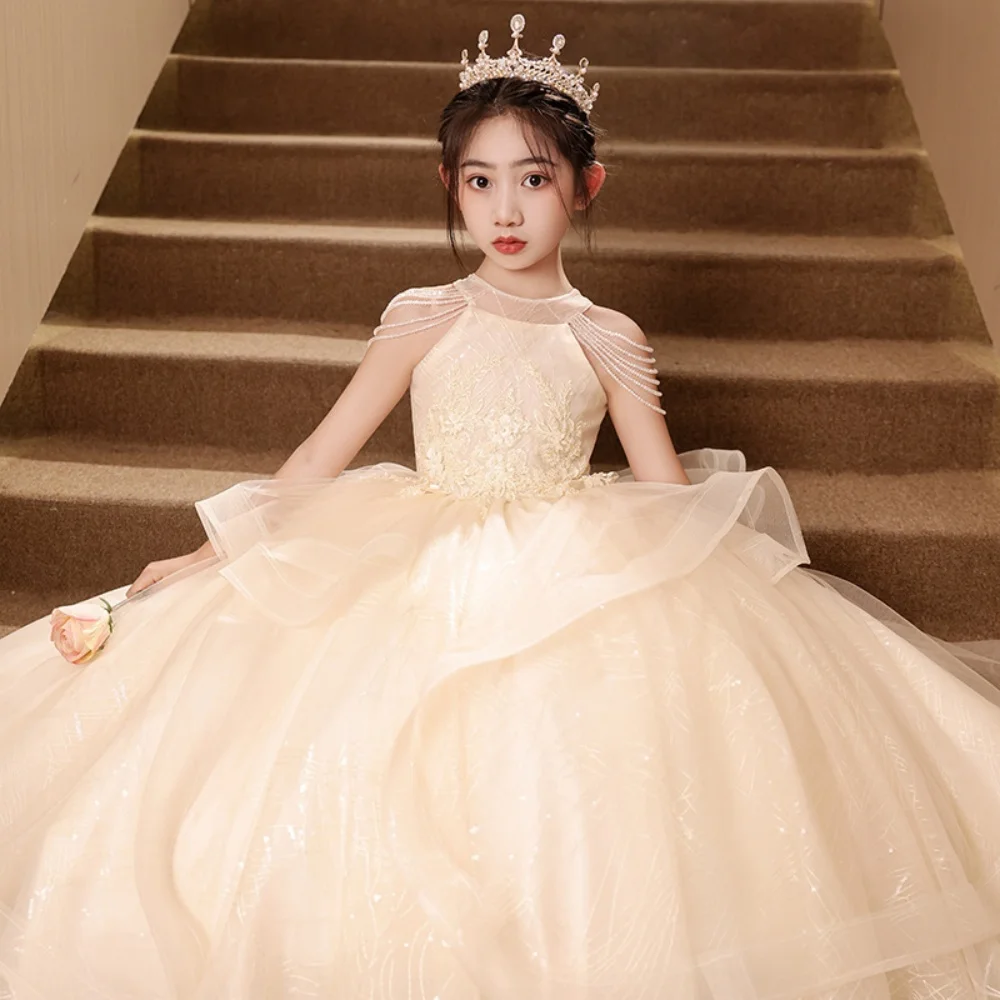 

Charming Sweet Flower Girl Dress Halter Neck Beaded Shoulder Straps Lace Bodice Ruffled Tulle Skirt Kids Wedding Pageant Gown