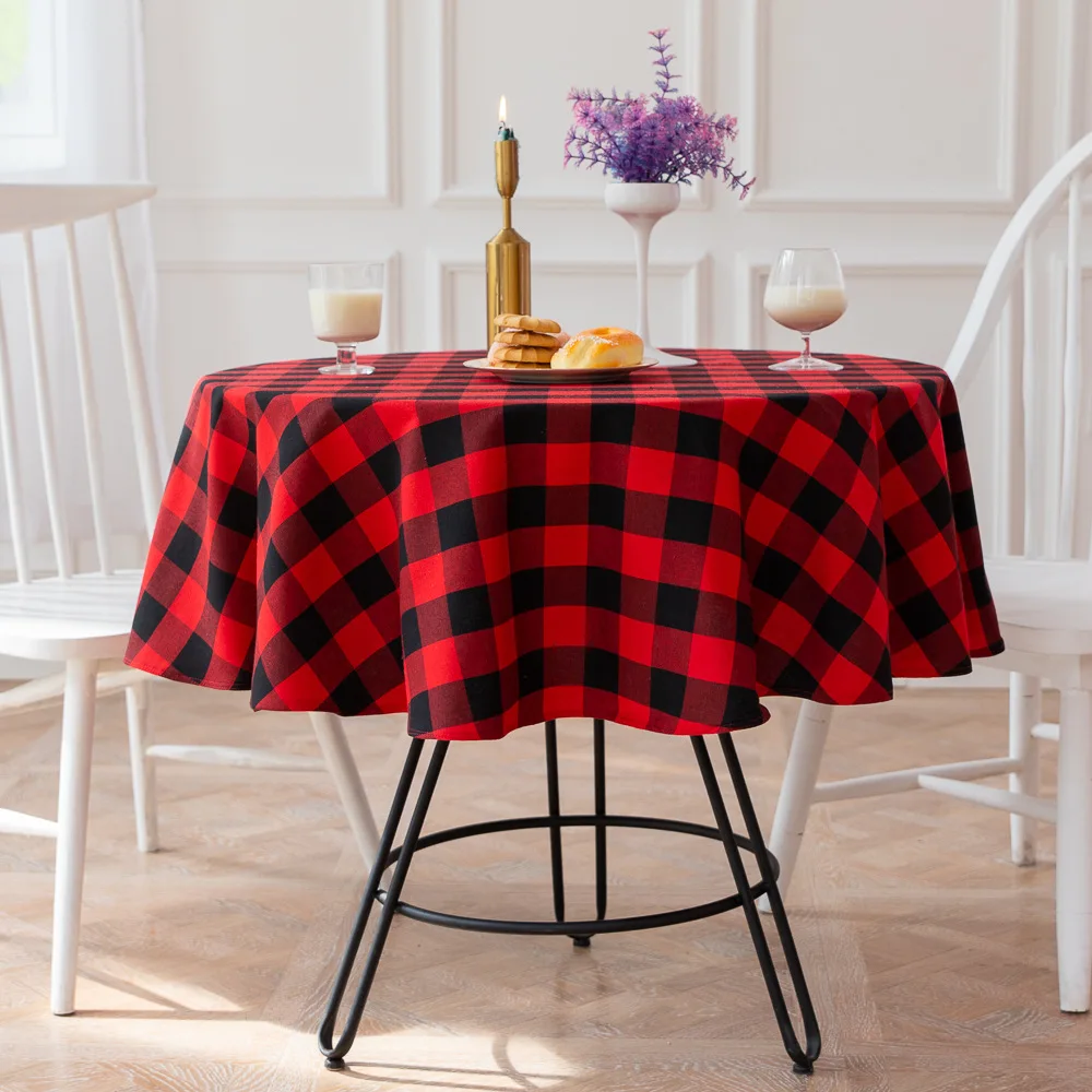 Round Tablecloth Plaid Table Cover Christmas Decoration for New Year Family Gathering Restaurant Party Dinner Home Decoration