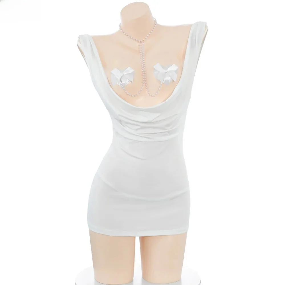 

XXOO эротическое сексуальное красивое белое платье феи богини, униформа, женское платье с цепочкой на груди из бисера, костюмы для косплея