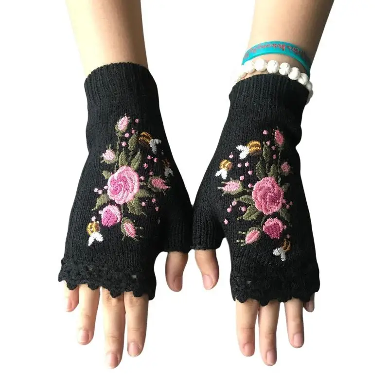 Niedliche Vintage-Handschuhe mit Stickerei, gestrickt, Bienenmuster, halbe Finger, fingerlose Handschuhe, koreanischer Stil, warme Winter-Wollhandschuhe, für den Außenbereich – Detail 8