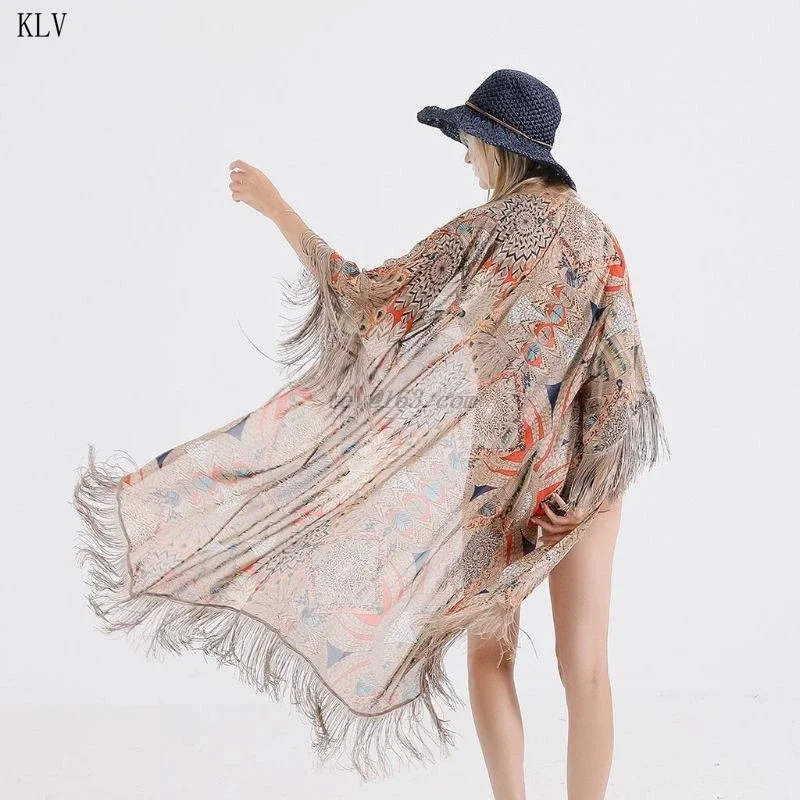 2021 Retro Printed Half Sleeve Cardigan Kimono Boho Fringed Tassels Cover Up Ankle Length Cape Beach Swimsuit