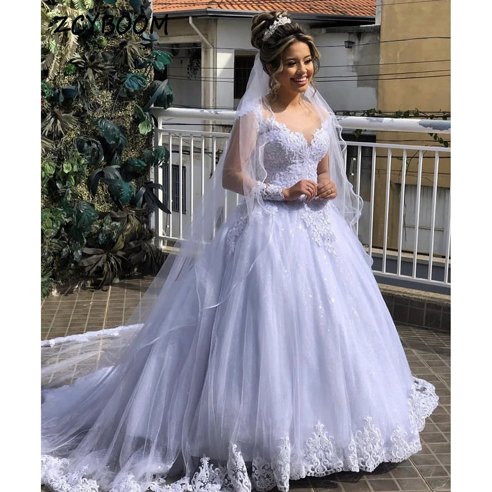 Personalizado rendas apliques mangas compridas para vestido de casamento feminino 2024 vestido de baile até o chão trem varredura princesa vestido de noiva