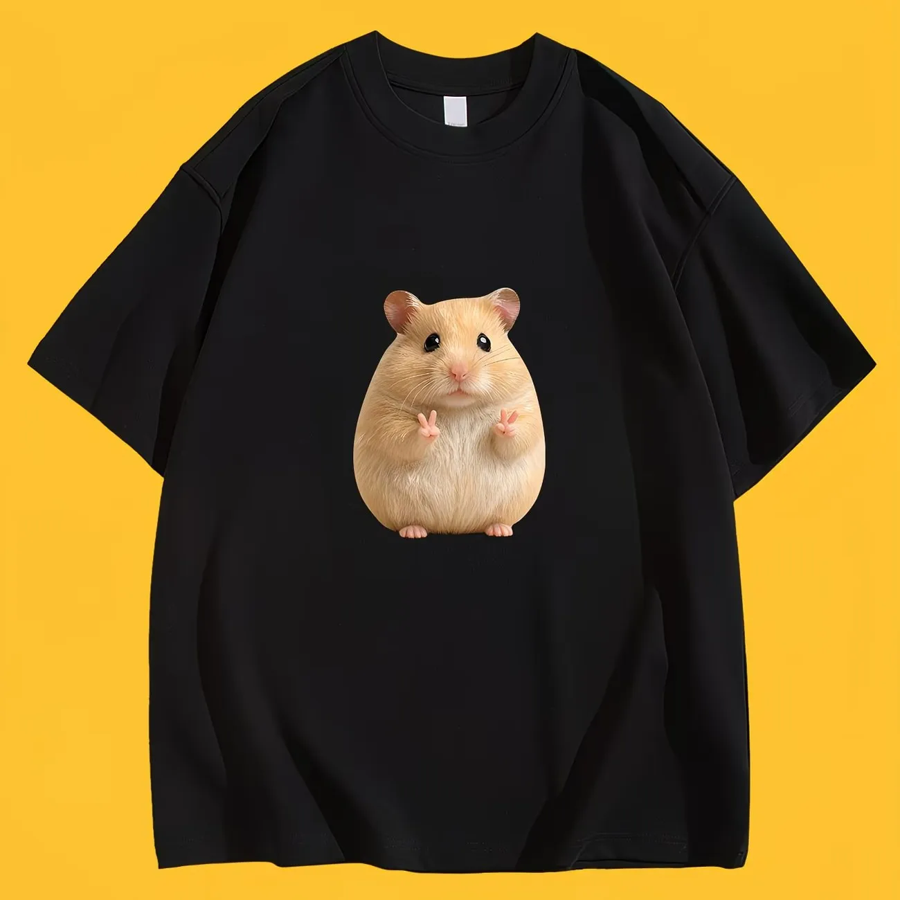 Kawaii Hamster Peace Sign T-Shirt Cute Animal Graphic Tee Summer Short Sleeve Pet Lover Gift Trendy Fashion Unisex Casual Tops