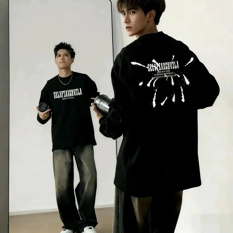 الربيع والخريف الأمريكية العصرية القطن الخالص بأكمام طويلة تي شيرت الرجال فضفاضة ومتعددة الاستخدامات قاع قميص أعلى #1