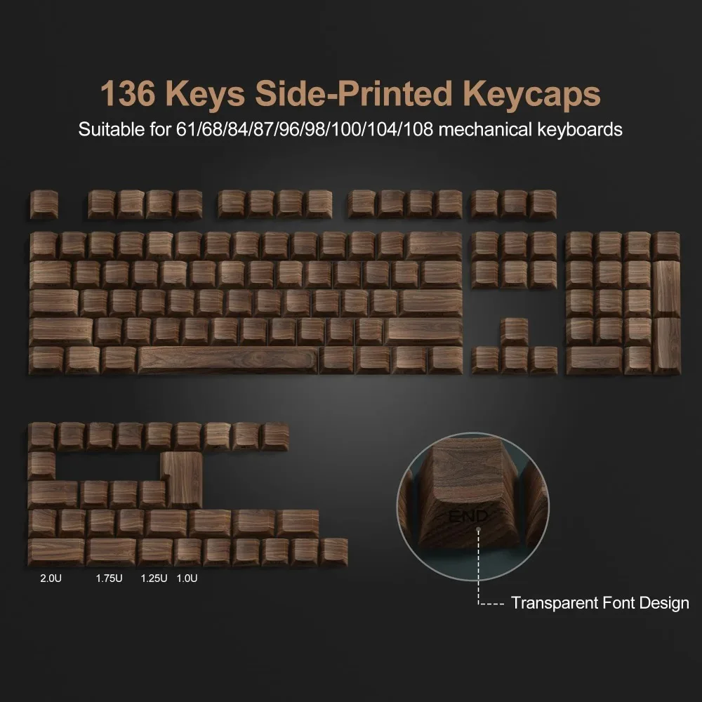 136 Keys Walnut Wood Grain Shine Through Keycaps Dye Side Print PBT Keycaps Cherry Profile for Cherry Gateron MX Switch Keyboard