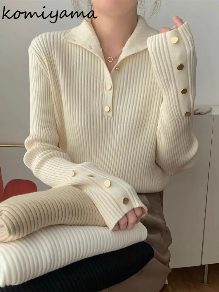 

Ропа De Muje с золотой пряжкой, осенний эластичный вязаный свитер Roupas с длинными рукавами и высоким воротником, женская одежда, свободный шикарный Sueter