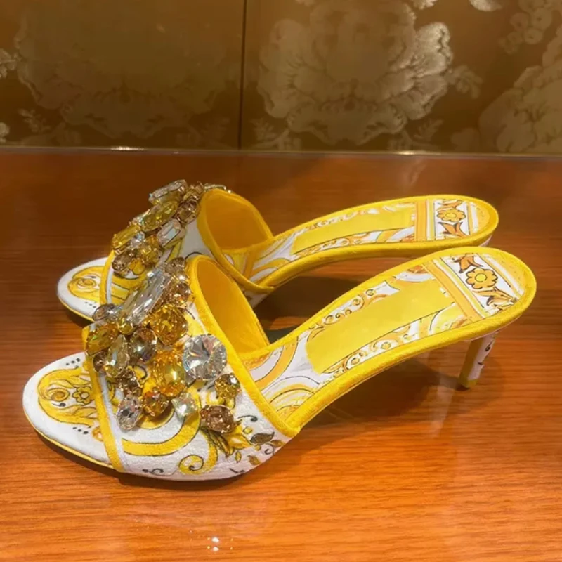 

Yellow Printed Rhinestone Stiletto Slippers Woman Summer 2025 Colorful Open Toe Slip-On Mid Heel Mules Shoes High Heels Sandals