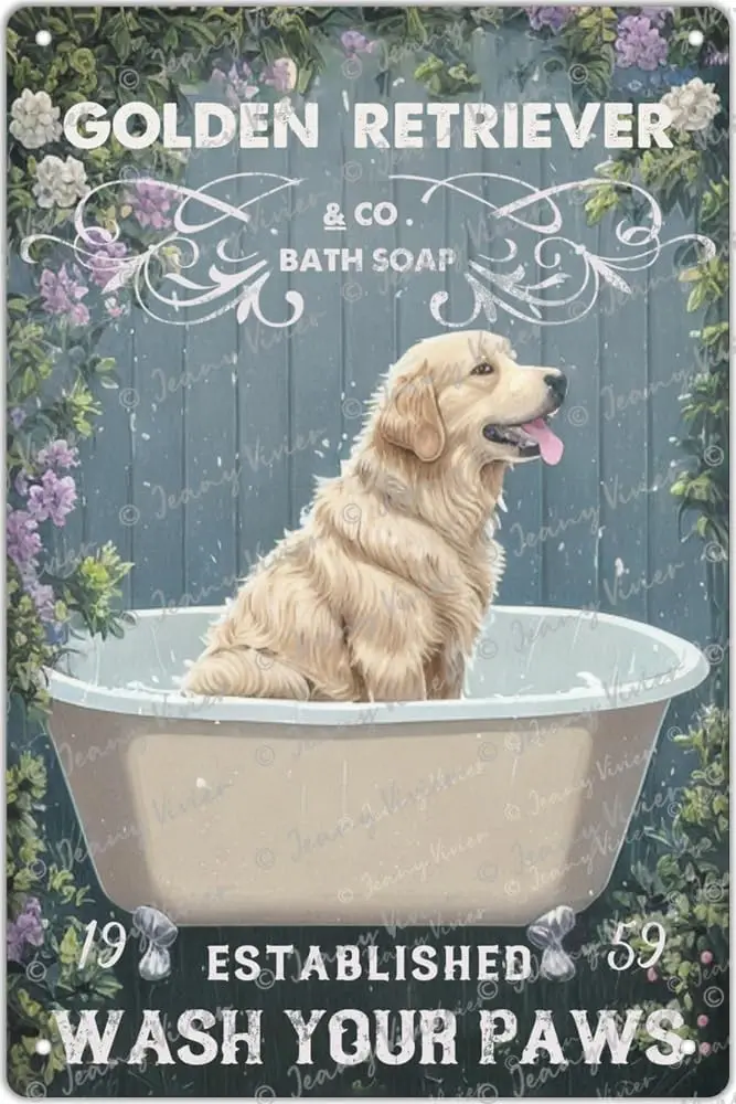 Wash Your Paws Golden Retriever Tin Sign, Bathroom Decor, Dog, Bath, Bath Art, Bath Tub, Retro Style, Wall Art Decoration, Farmh