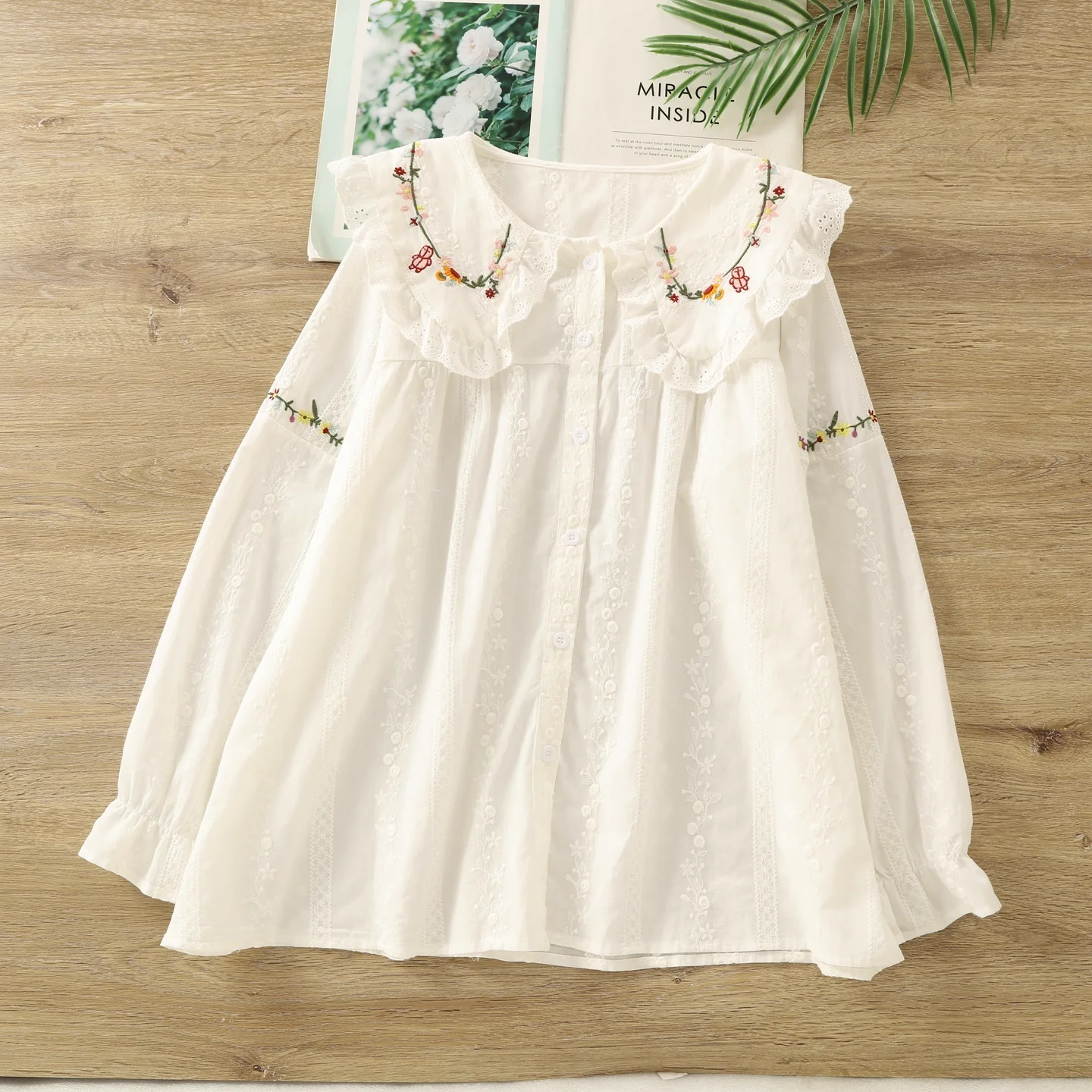 

Mori kei fashion autumn peter pan collar flower embroider shirts and blouses cute clothes 100% cotton sweet lolita clothing